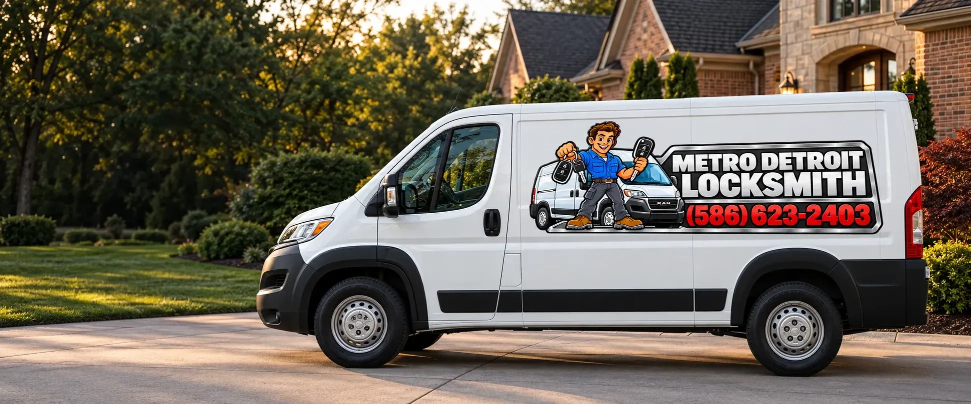 Metro Detroit Locksmith service van parked in a residential driveway